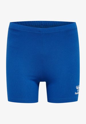 Blå stretchshorts med elastisk midja. Slät tyg och en logotyp tryckt i vitt i nedre högra hörnet.