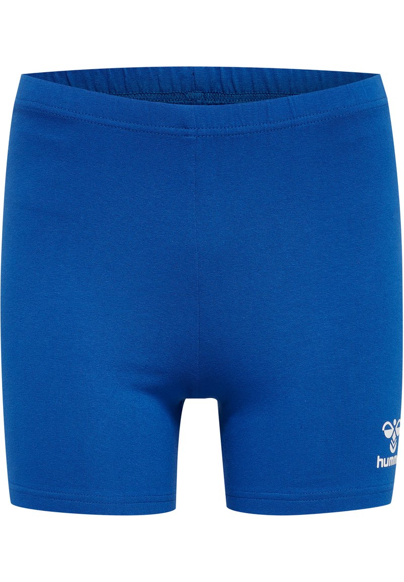 Blaue Stretch-Shorts mit elastischem Bund. Glatte Stoffoberfläche und ein in Weiß auf der unteren rechten Ecke gedrucktes Logo.