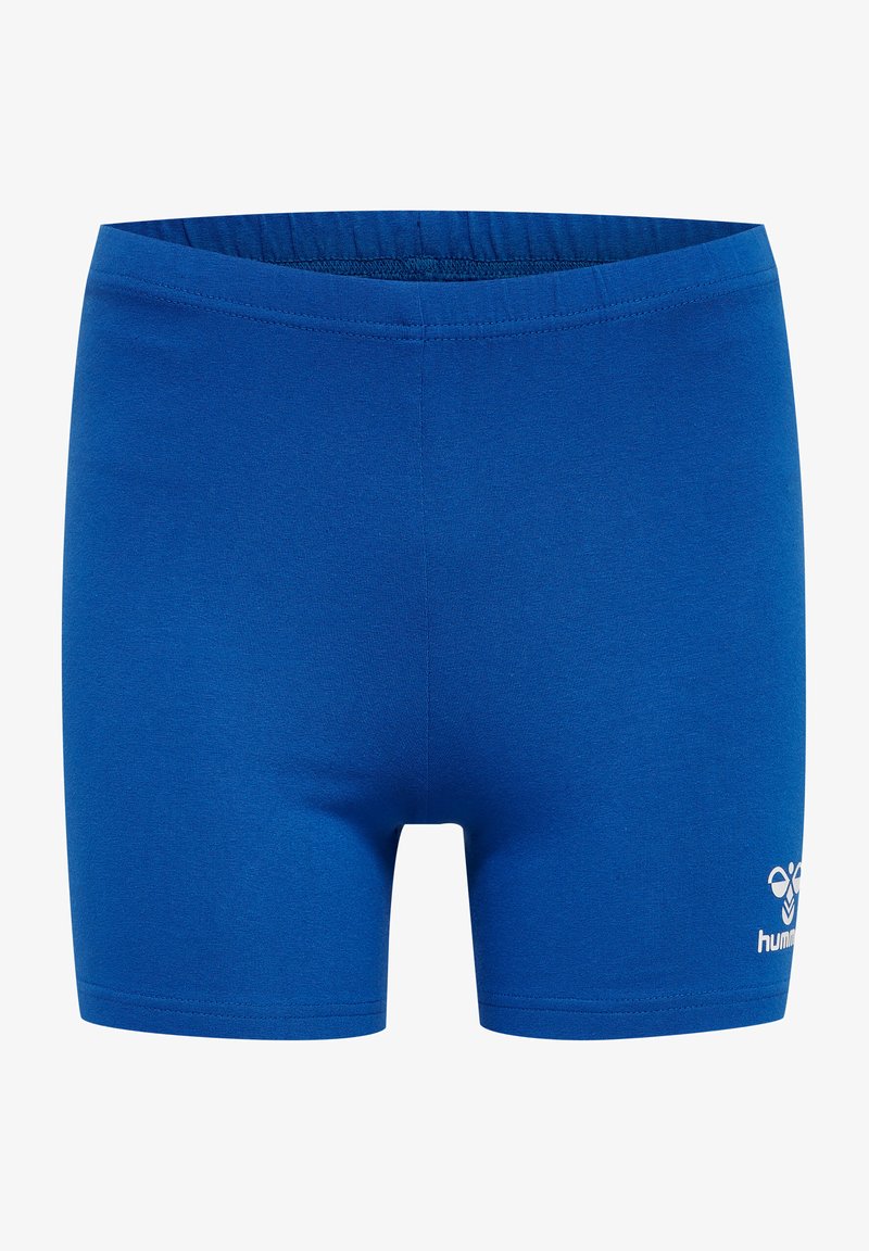 Blaue Stretch-Shorts mit elastischem Bund. Glatte Stoffoberfläche und ein in Weiß auf der unteren rechten Ecke gedrucktes Logo.