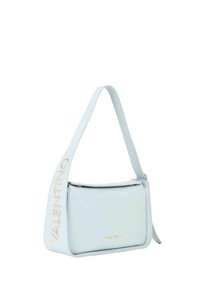 Borsa a tracolla in pelle azzurro chiaro con forma rettangolare, logo "VALENTINO" in tono oro sulla tracolla e chiusura superiore con cerniera.