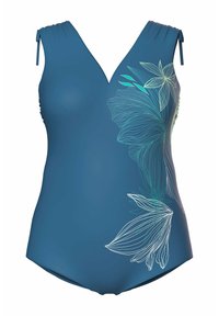 Modré jednodílné plavky s výstřihem ve tvaru V, nařasenými ramínky a květinovým vzorem v liniovém kreslení na levé straně. Hladká textura.