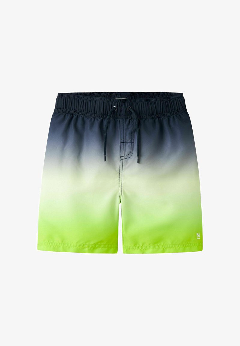Shorts de bain pour hommes avec dégradé de noir à vert citron, taille élastique, cordon noir et petit logo blanc sur la jambe gauche.