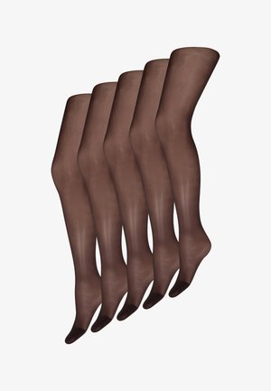 Brune strømpebukser i et glat, gennemsigtigt materiale med en forstærket tå og en ensartet tekstur, præsenteret i en stak af fem par.