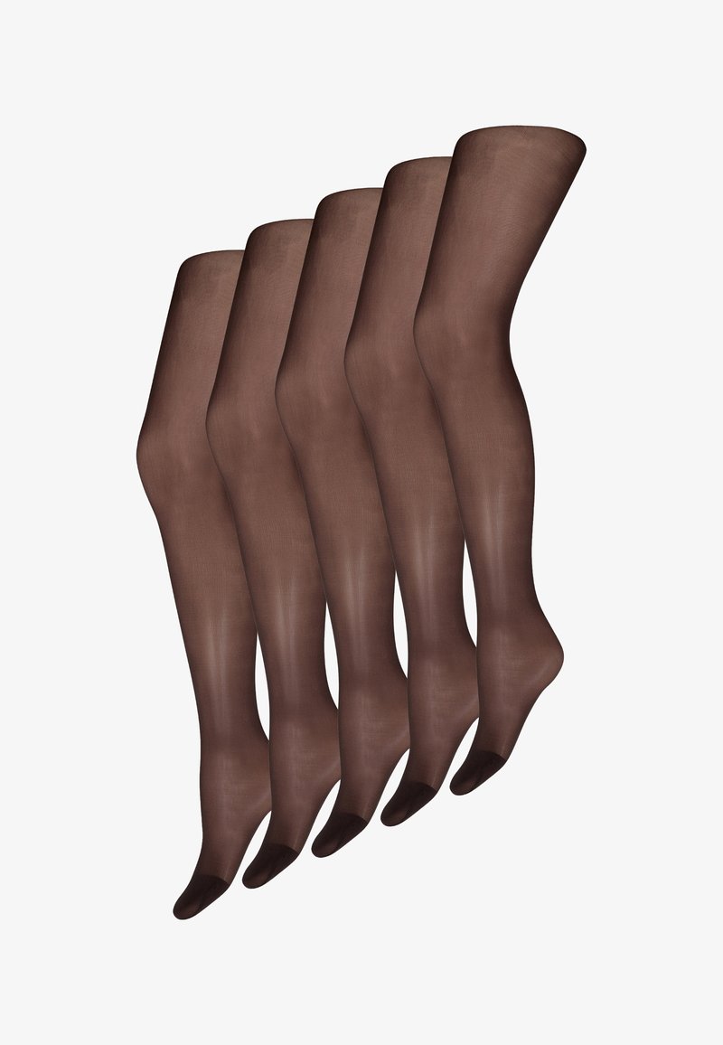 Brune strømpebukser i et glat, gennemsigtigt materiale med en forstærket tå og en ensartet tekstur, præsenteret i en stak af fem par.
