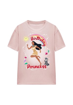 Light pink short-sleeve t-shirt featuring a graphic of a running character with text that reads "Birthday Princess," surrounded by floral accents.