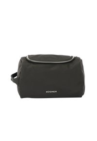 Borsa da toeletta nera in nylon dalla forma arrotondata, con zip argentata e manico laterale, logo impresso sulla parte anteriore.