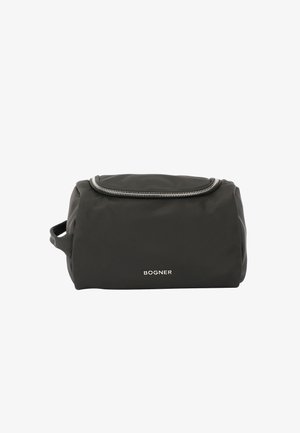 Borsa da toeletta nera in nylon dalla forma arrotondata, con zip argentata e manico laterale, logo impresso sulla parte anteriore.