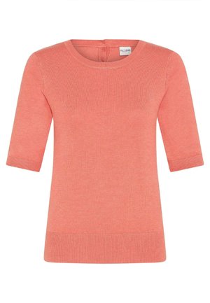 Korallitooni lühikeste varrukatega sviiter ümmarguse kaelusega, ribatekstuuriga ja istuva äärega. Omab seljas nuppudega sulgemist ja pehmet kangast.