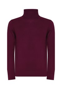 Maglione dolcevita bordeaux realizzato in tessuto liscio. Presenta maniche lunghe e una silhouette aderente con collo e polsini a coste.