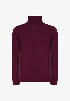 Maglione dolcevita bordeaux realizzato in tessuto liscio. Presenta maniche lunghe e una silhouette aderente con collo e polsini a coste.