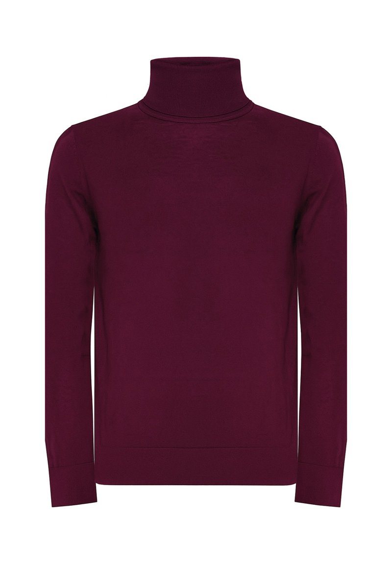 Maglione dolcevita bordeaux realizzato in tessuto liscio. Presenta maniche lunghe e una silhouette aderente con collo e polsini a coste.