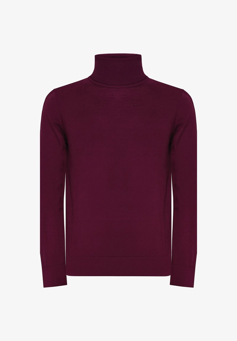 Maglione dolcevita bordeaux realizzato in tessuto liscio. Presenta maniche lunghe e una silhouette aderente con collo e polsini a coste.