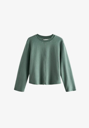 Felpa verde con maniche lunghe, scollatura rotonda e tessuto testurizzato. Presenta un design cropped e dettaglio della cucitura centrale.