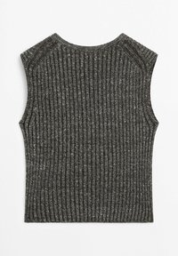 Gilet sans manches en maille côtelée gris foncé avec un col rond, présenté à plat sur un fond blanc.
