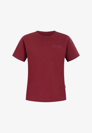 T-shirt col rond bordeaux en coton. Manches courtes avec un imprimé subtil "Smilder" sur le haut du côté gauche de la poitrine. Texture lisse.