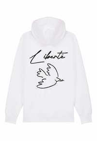 Felpa bianca con cappuccio che presenta un grande grafico nero di una colomba con un rametto d'ulivo e la parola "Liberté" in uno stile scritto a mano sopra di essa.