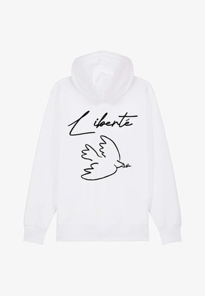 Fehér kapucnis póló, amelyen egy nagy fekete grafika látható, egy galambbal, amely olajágat tart a csőrében, és a "Liberté" szó kézírásos stílusban fölötte.