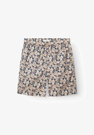 Férfi rövidnadrág elasztikus derékkal, bézs és tengerészkék virágmintával. Könnyű anyagból készült, laza szabással.