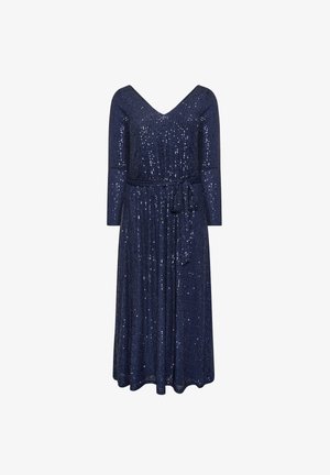 Marineblaues Pailletten-Kleid mit V-Ausschnitt, dreiviertel Ärmeln, tailliertem Schnitt und Bindegürtel, ausgestattet mit einem fließenden Rock, der unter das Knie reicht.