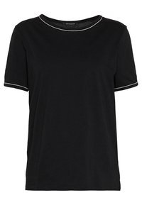 Schwarzes T-Shirt mit kurzen Ärmeln aus weichem Stoff, mit einem Rundhalsausschnitt und weißen Paspeln sowie kontrastierenden weißen Akzenten an den Ärmeln.