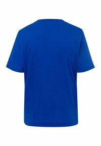 T-shirt bleu uni à manches courtes vu de dos, avec un col rond et un ourlet droit.