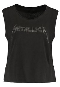 Mustat hihattomat t-paidat, joissa on kulunut metallinen "METALLICA" -logo rinnassa. Pehmeä kangas ja rento istuvuus.