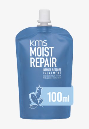 Bustina blu da 100 ml di KMS Moist Repair Intense Restore Treatment per la costruzione e riparazione del legame con illustrazione di cactus.