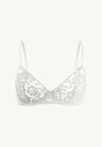 Hvid blonde bralette med et blomstermotiv, bløde triangulære skåle og justerbare stropper. Gennemsigtigt materiale hele vejen igennem. Klassisk design.
