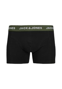 Black boxer briefs made of soft cotton, featuring a green elastic waistband with white "JACK & JONES" branding and a snug fit design.