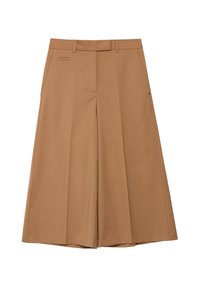 Pantaloni marroni a gamba larga con spesse righe sottili, dotati di passanti per cintura, tasche laterali e una texture liscia. Progettati per una vestibilità comoda.