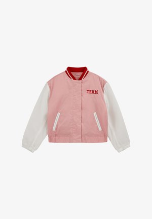 Rózsaszín bomber dzseki fehér ujjakkal, piros csíkos gallérral, két első zsebbel és a mellkason "TEAM Blue" felirattal.