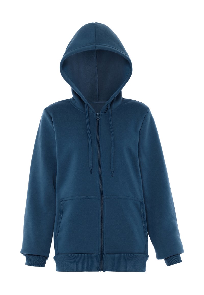 Modrá mikina na zip s podšívkou na kapuci, předními kapsami a žebrovanými manžetami. Vyrobena z měkkého, elastického materiálu pro pohodlí a teplo.