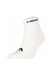 Chaussette de cheville en coton blanc avec un logo "HEAD" noir en haut et un petit motif noir au niveau des orteils. Texture lisse, taille standard.