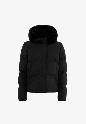 Zwarte pufferjack met een capuchon van nepbont, chunky quiltpatroon, lange mouwen en rits aan de voorkant. Glad textuur.