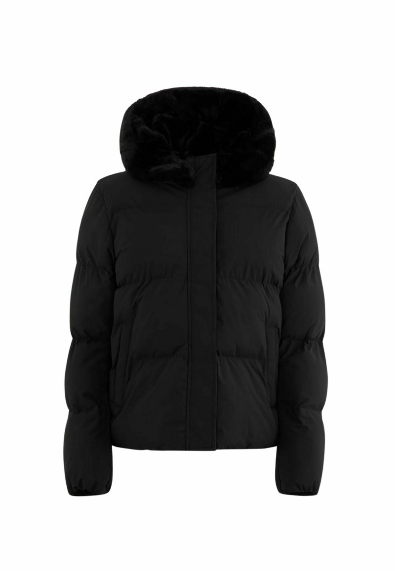 Veste en duvet noire avec une capuche doublée de fausse fourrure, design matelassé épais, manches longues et fermeture éclair à l'avant. Texture lisse.