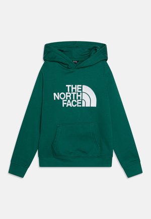 Felpa verde di The North Face, con tasca frontale tipo kangaroo, logo bianco e cappuccio regolabile con cordino. Realizzata in materiale morbido e resistente.