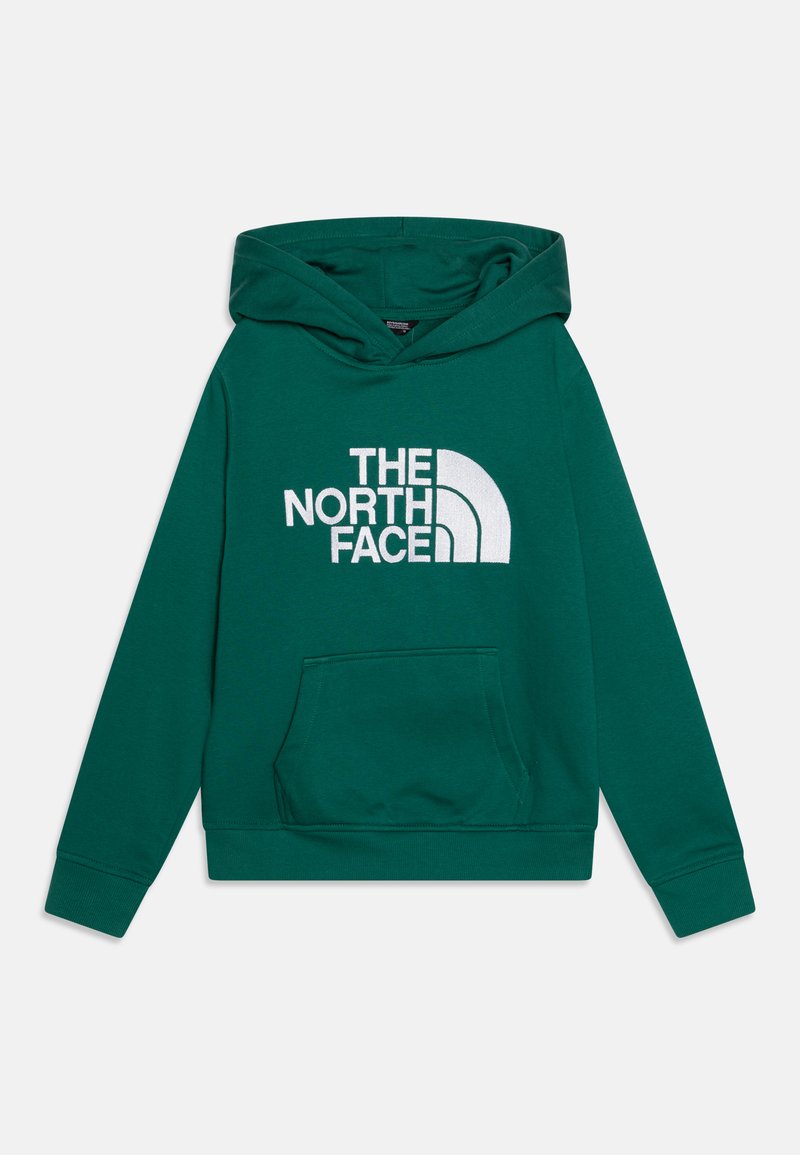 Sudadera verde de The North Face, con bolsillo tipo canguro frontal, logo blanco y capucha ajustable con cordón. Fabricada con material suave y duradero.