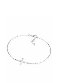 Pulsera de cadena de plata que presenta un colgante de cruz elegante y minimalista, con un acabado pulido y un cierre de langosta seguro. Longitud ajustable.