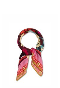 Zijde sjaal met levendige bloemen- en geometrische patronen in rood, roze en blauw, met een gladde textuur en afgewerkte randen.