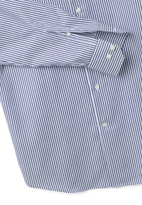 Camicia a righe blu e bianche con maniche lunghe, polsini abbottonati e bottoni bianchi, caratterizzata da sottili linee verticali e una texture del tessuto liscia.