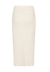 Strick-Midi-Rock in Off-White, mit vertikaler Rippstruktur und einem breiten elastischen Bund für eine bequeme Passform.