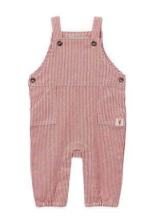 Salopette pour tout-petit à rayures verticales rouges et blanches, avec bretelles boutonnées et poches devant, ornée d'un petit patch homard sur la poche droite.