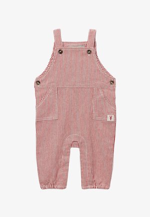 Salopette pour tout-petit à rayures verticales rouges et blanches, avec bretelles boutonnées et poches devant, ornée d'un petit patch homard sur la poche droite.