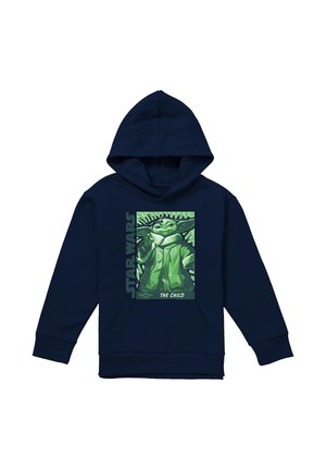 Navy hoodie with front graphic of Baby Yoda from Star Wars, labeled "The Child" with green tones and "STAR WARS" vertical text.