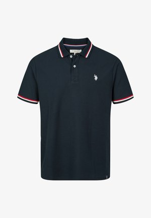 Polo shirt blu navy in cotone, con colletto classico, due bottoni e dettagli a righe rosse e bianche sulle maniche.