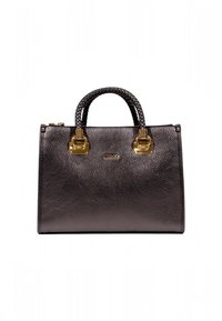 Sac à main en cuir noir texturé avec ferrures dorées, poignées supérieures tressées, forme rectangulaire, et logo de la marque bien visible.