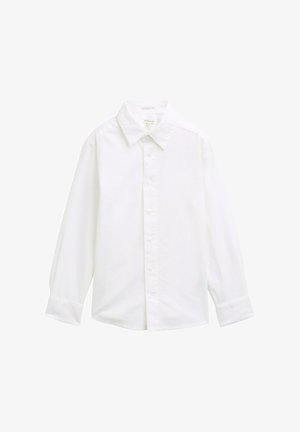Camisa blanca de manga larga hecha de algodón, con un collar abotonado, botones en la parte delantera y un ajuste ligeramente relajado con mangas con puños.
