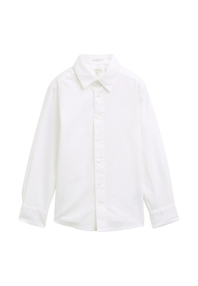 Biała koszula z długim rękawem wykonana z bawełny, z kołnierzykiem zapinanym na guziki, guzikami z przodu i lekko luźnym krojem z mankietami.