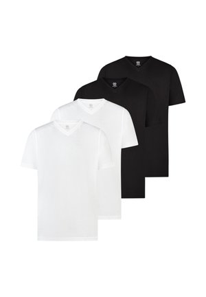 Deux t-shirts blancs et deux t-shirts noirs uni à col en V et manches courtes, disposés en pile alternée sur un fond blanc.