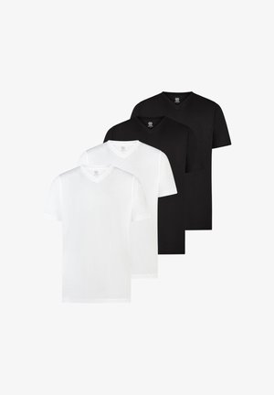 Zwei weiße und zwei schwarze schlichte V-Ausschnitt T-Shirts mit kurzen Ärmeln, abwechselnd gestapelt auf einem weißen Hintergrund angeordnet.